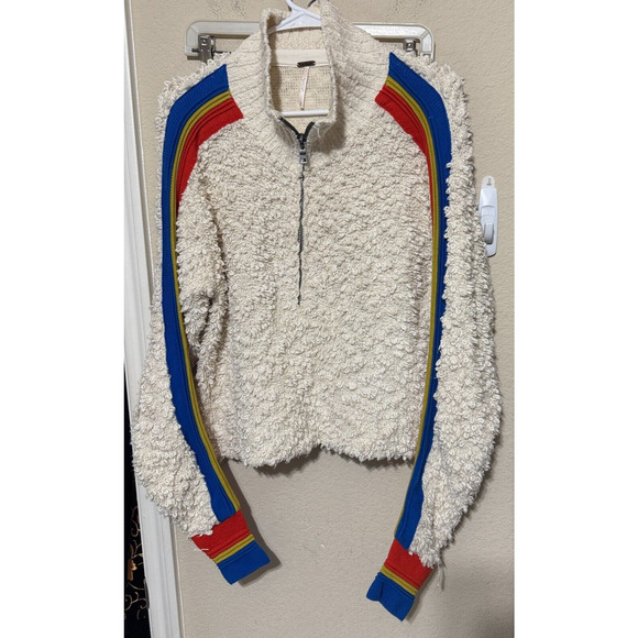 Free People Marshmallow Stripe Sweater S Cream Deep Pile Rainbow Sleeve furry - Picture 2 of 8